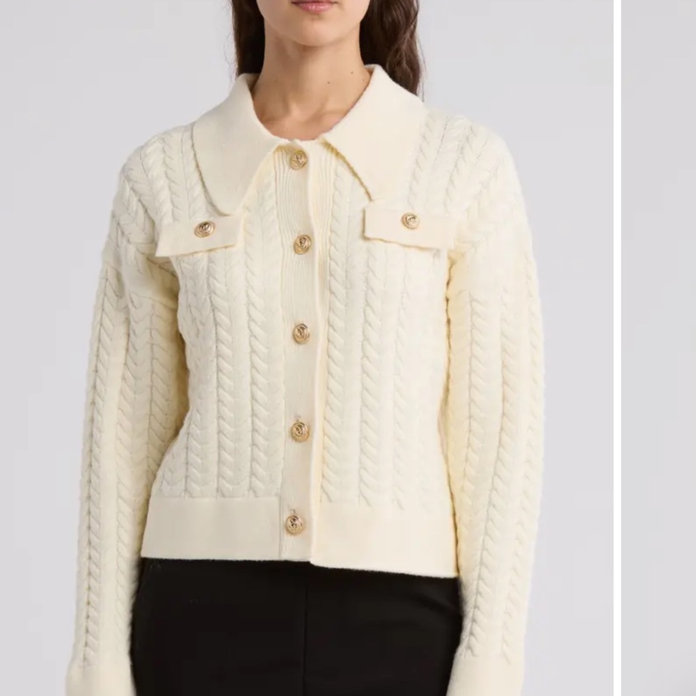 Off White Cableknit Gold Nautical Collared ButtonUp Soft Cardigan Sweater M/L